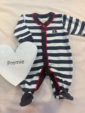 SNUGABYE - Nautical Navy & White Striped Baby Footie with Red Trim